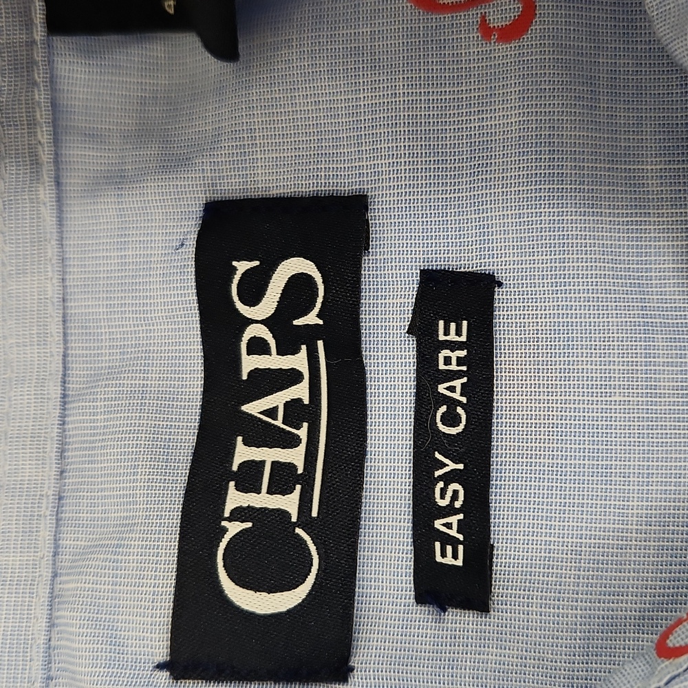 Chaps Easy Care Light Blue Red Flamingo Print Short Sleeve Shirt. Size L - Picture 6 of 11